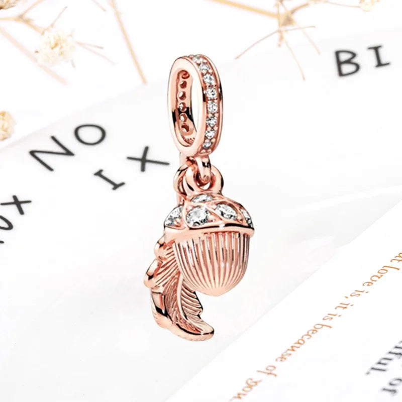 Rose Gold Winged Angel Heart Charm Bead Pink Daisy Spacer