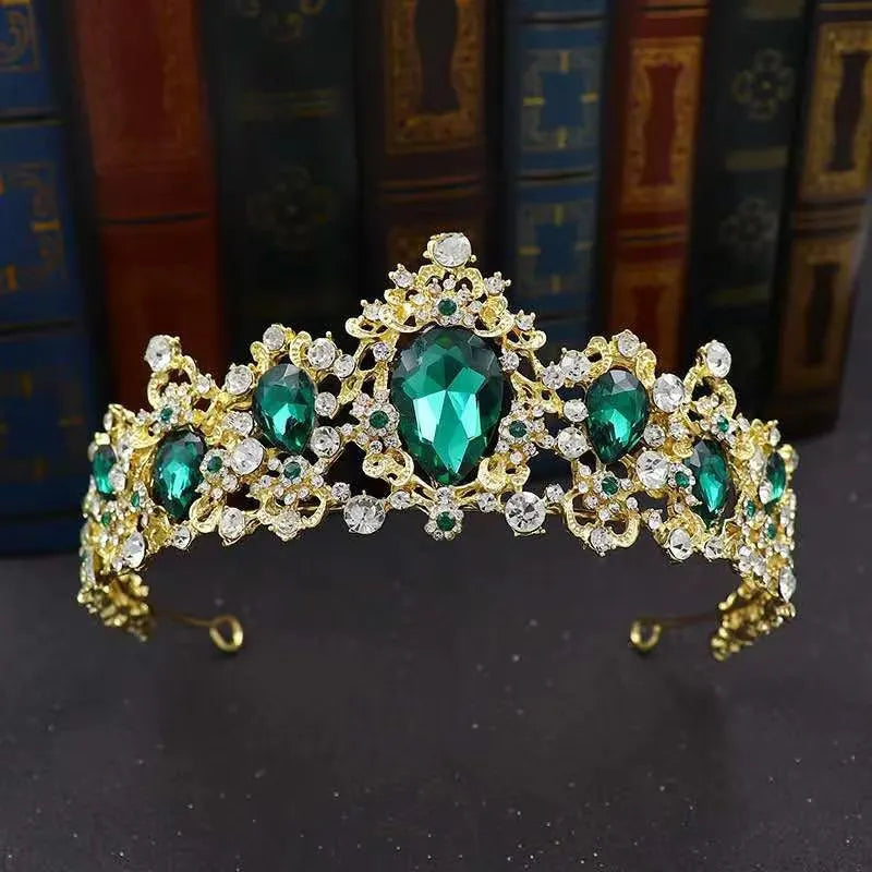 Baroque Luxe Green Crystal Bridal Tiara - Top-Rated Flower Headpiece for Weddings Style G Gold Green
