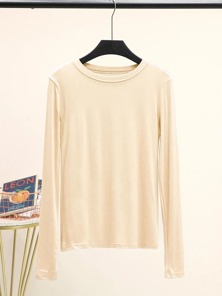 Modal Cotton Long Sleeve O Neck Womens Autumn Basic Tee