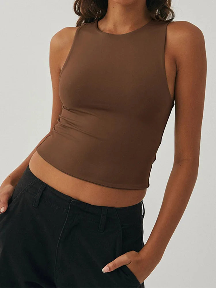 Women Sleeveless Racerback Round Neck Tight Knit Tank
