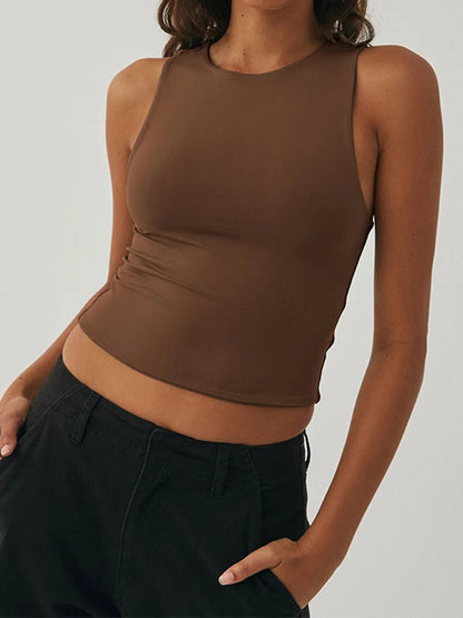 Women Sleeveless Racerback Round Neck Tight Knit Tank
