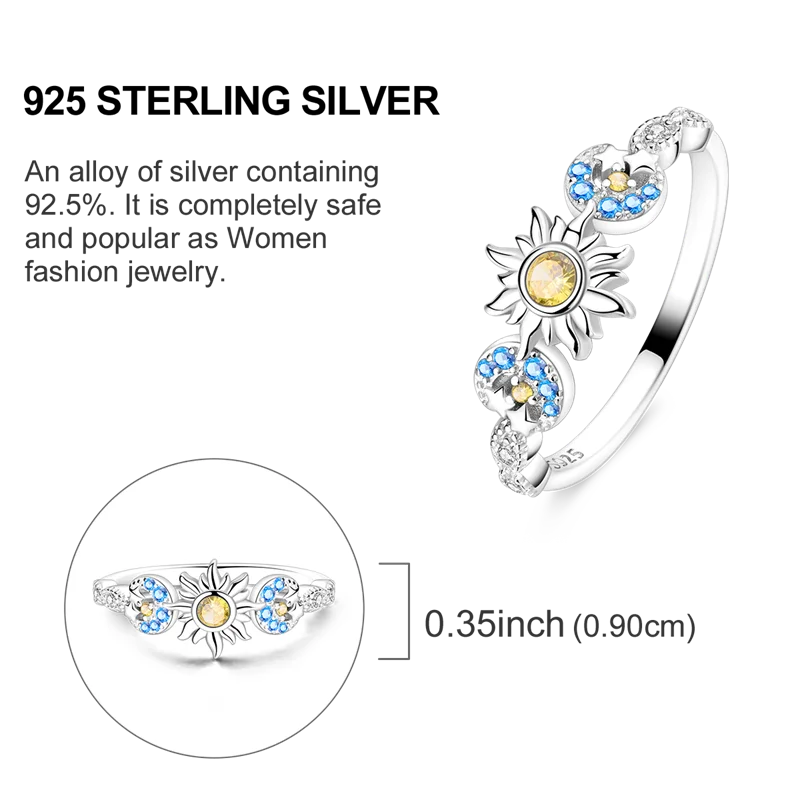 Blue Zircon Evil Eye Ring in 925 Sterling Silver for Women - Sparkling Palm Star Moon Wedding Jewelry Gift LKTR198