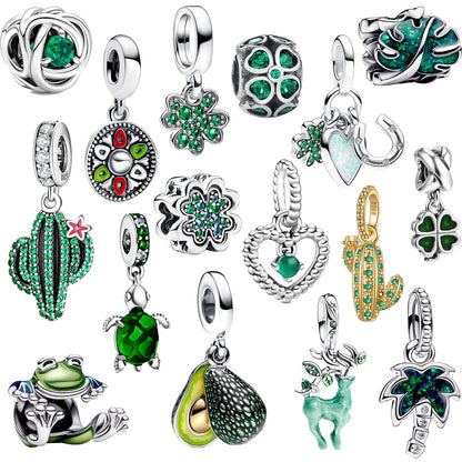 925 Sterling Silver Green Four-Leaf Clover Avocado Cactus Coconut Palm Bead Charms for DIY Bracelet and Necklace Women Gift