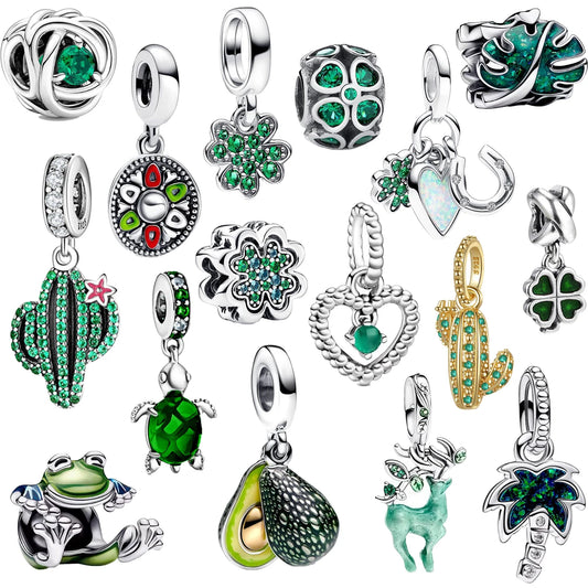 925 Sterling Silver Green Four-Leaf Clover Avocado Cactus Coconut Palm Bead Charms for DIY Bracelet and Necklace Women Gift