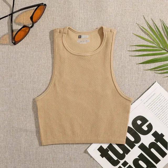 Women’s Seamless Rib-Knit Crop Top Elastic Sleeveless Casual Streetwear Tank