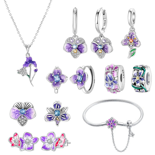 925 Sterling Silver Purple Heartsease Hydrangea Charms for DIY Jewelry Necklace and Bracelet Gifts