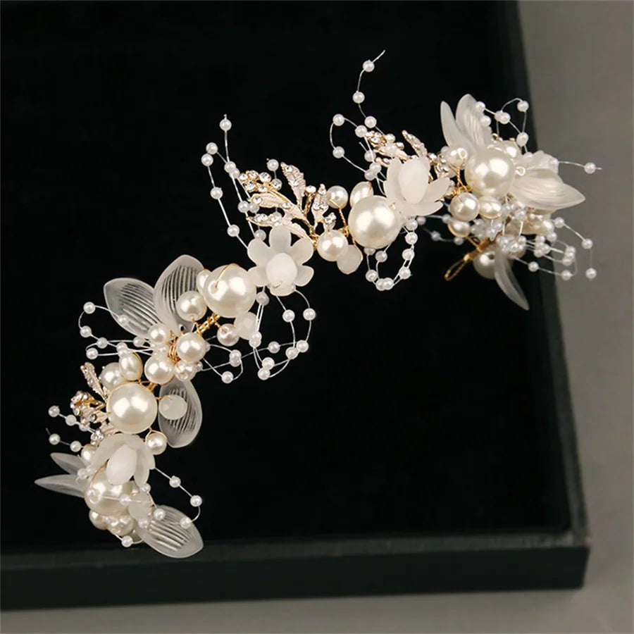Girls Bridal Pearl Crystal Hair Headdress Flower Wreath Wedding Headband
