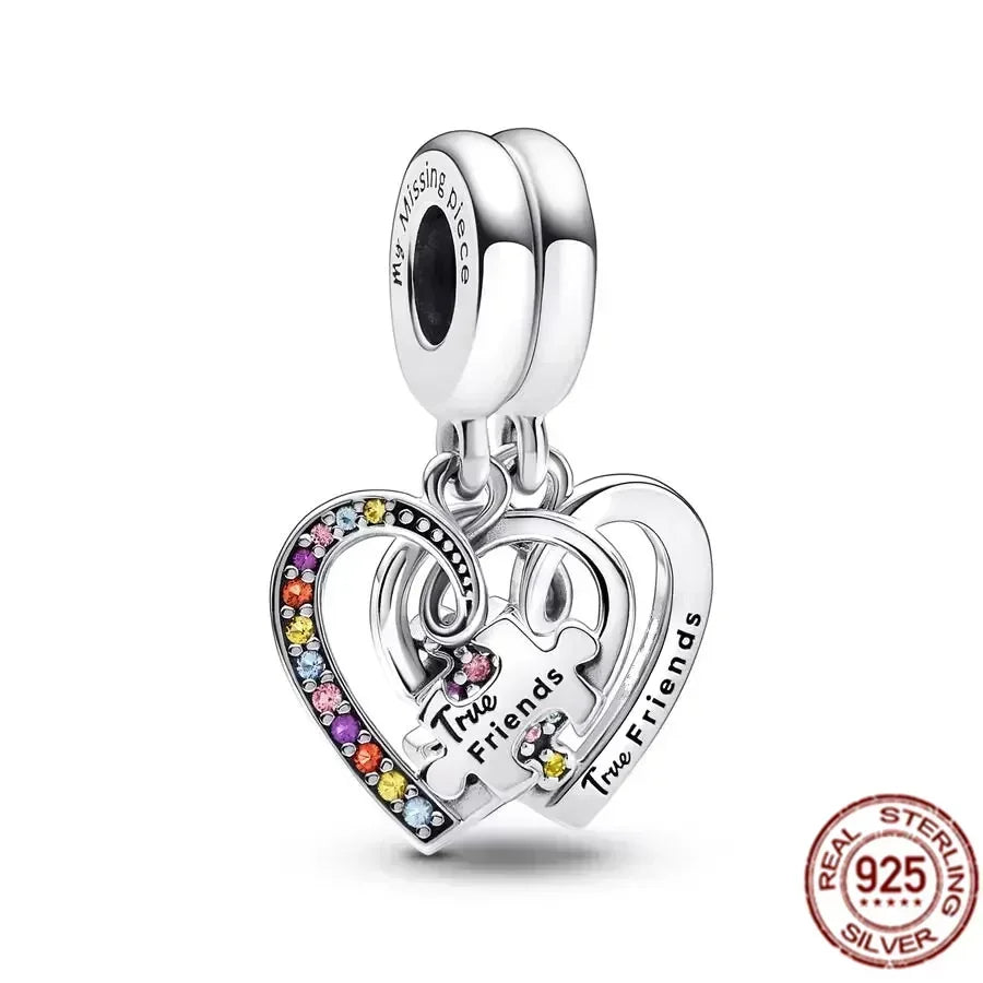 Original 925 Sterling Silver Linked Sister Hearts Openable Heart Locket Dangle Charm Beads for Necklace and Bracelet Jewelry