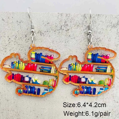 Cat Bookcase Dangle Earrings for Women Geometric Acrylic Rabbit Love Jewelry Gift for Teachers and Readers