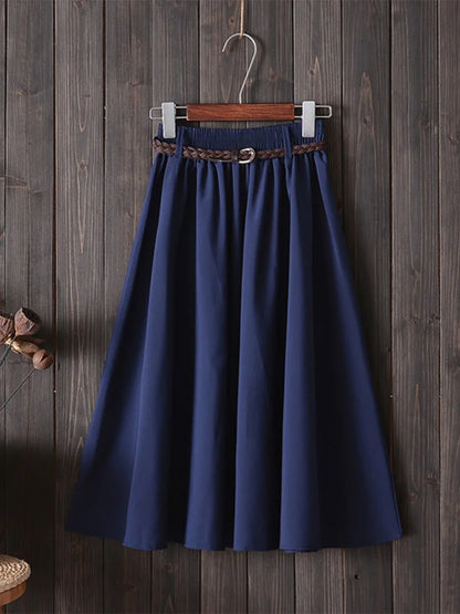 Midi Knee Length Skirt Women With Belt High Waist Pleated