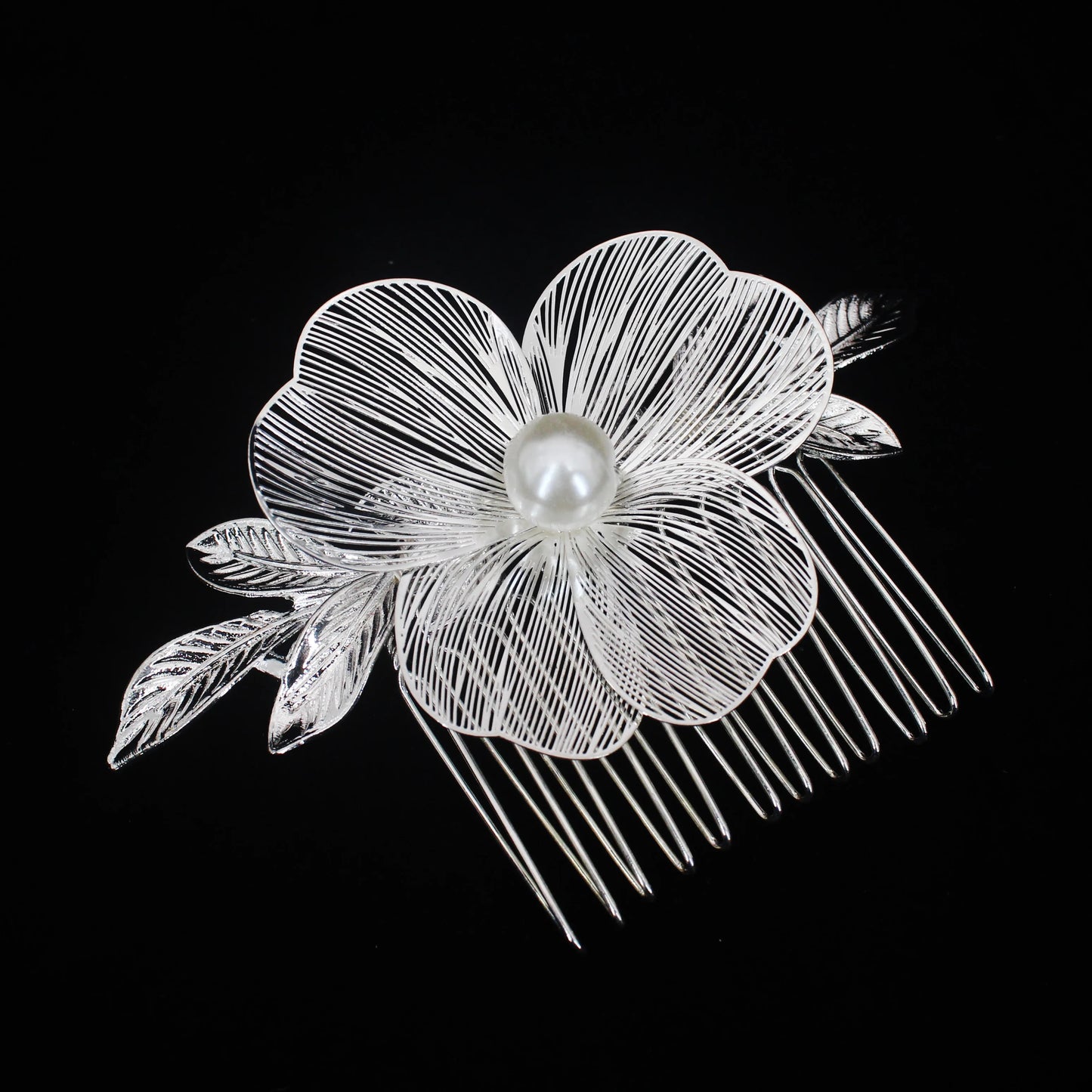 Bridal Bliss Flower Pearl Hair Comb Pins - 2PCS Wedding Accessories Flower B Silver