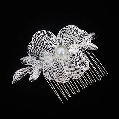 Bridal Bliss Flower Pearl Hair Comb Pins - 2PCS Wedding Accessories Flower B Silver