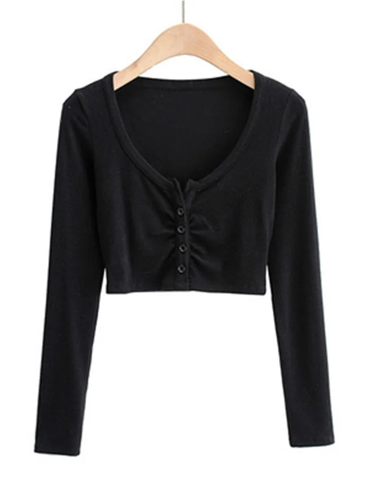 Slim V Neck Long Sleeve Cardigan Top For Women Open Navel