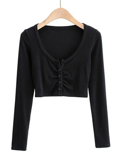 Slim V Neck Long Sleeve Cardigan Top For Women Open Navel