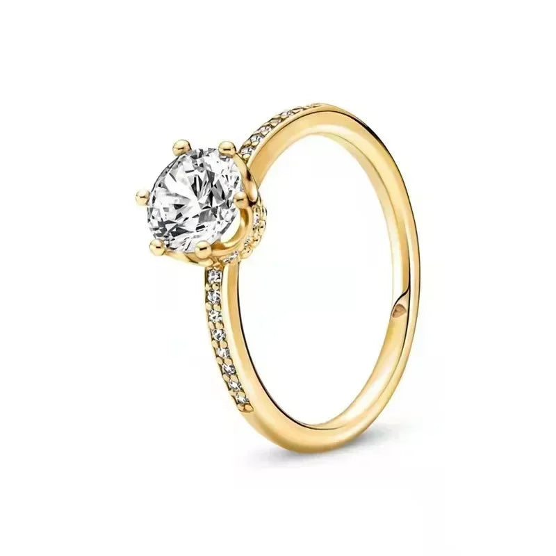 Elegant Gold Tone 925 Sterling Silver Heart Crown Ring for Women Clear