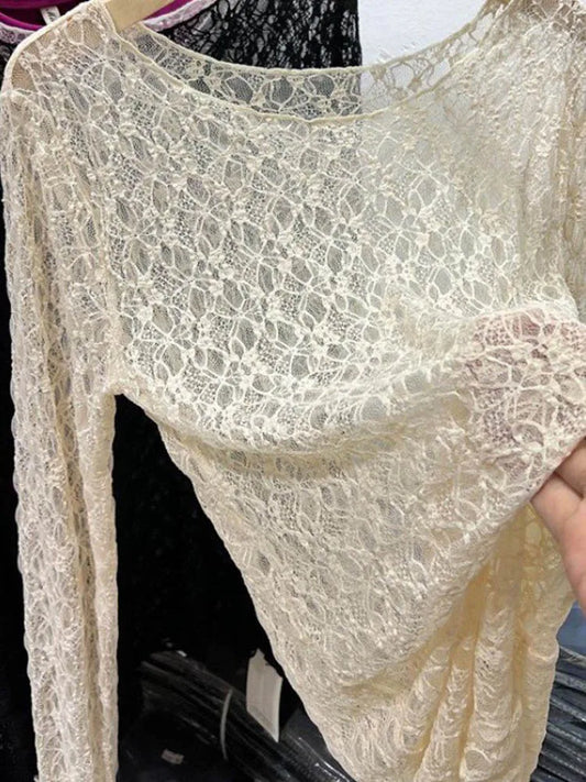 Women Long Sleeve Sexy Slim Lace Top Spring Autumn 2025