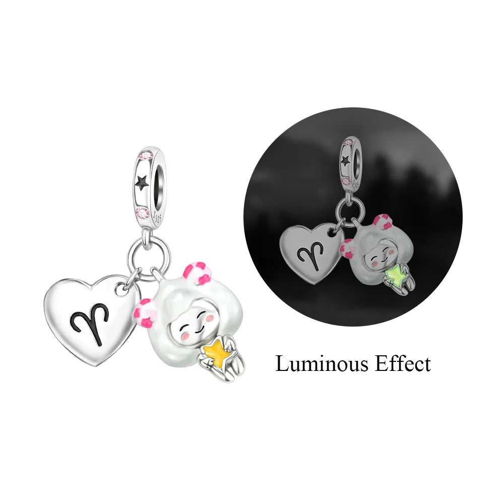 925 Sterling Silver Zodiac Charms with Luminous Stars Zircon Pendants for DIY Bracelets Fine Jewelry Gift