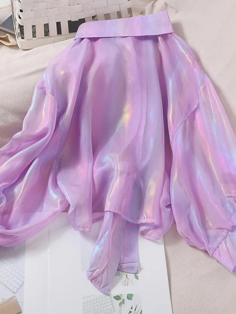 Sparkling Buttoned Waist Blouse For Women Half Sleeve