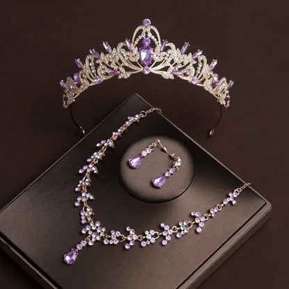 Elegant Purple Bridal Tiara Necklace Earrings Set for Mystical Wedding Glamour