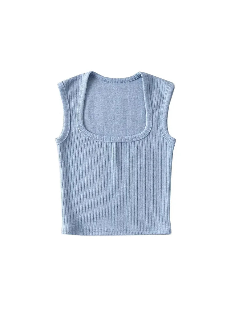 Dozw Elastic Knit Crop Top For Women Solid Summer Sleeveless