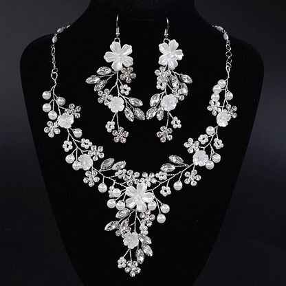Wedding Elegance Rhinestone & Pearl Jewelry Set - Dangle Earrings & Adjustable Necklace for Women Silver