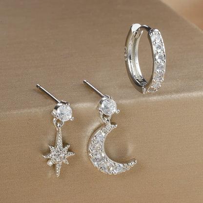 3PCS Luxury Star Pendant Earrings Set for Women Stainless Steel and Cubic Zirconia Punk Ear Studs Fashion Jewelry