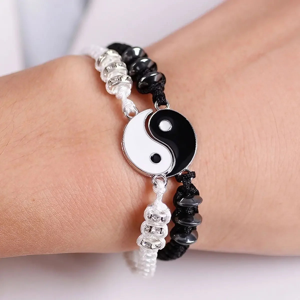 Adjustable Yin Yang Friendship Bracelets Set for Men and Women - Black and White Cord Couple Jewelry Gift