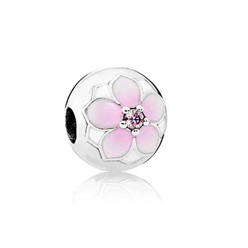 925 Sterling Silver Pink Flower Balloon Coffee Cup Charm Beads for DIY Bracelets Perfect Gift for Women AMC0240