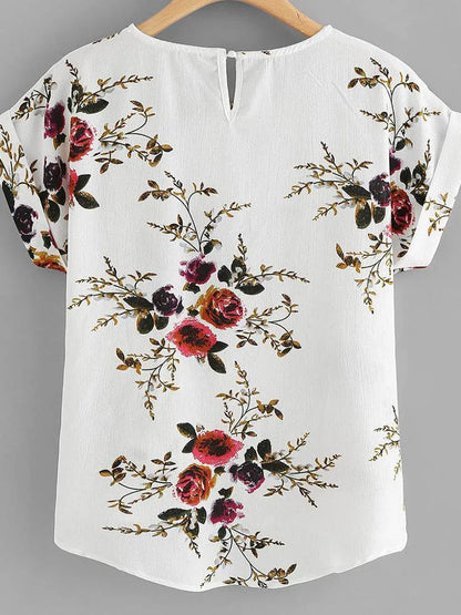 Summer Floral Print Blouse O Neck Short Sleeve Women