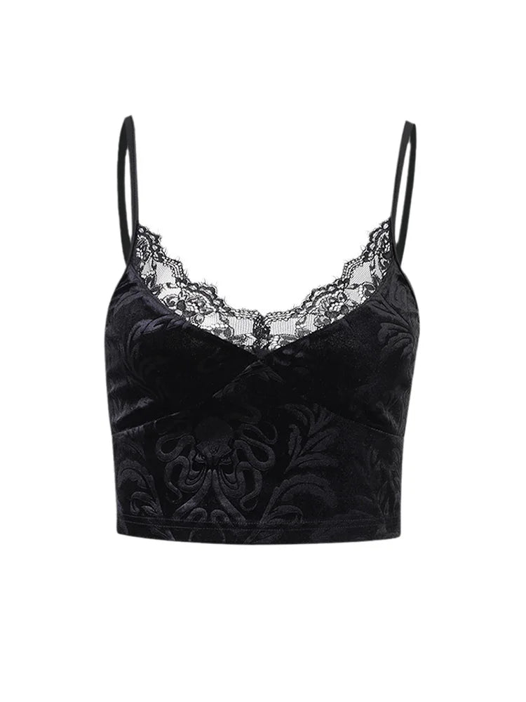 Womens Skeleton Print Crop Top Black Lace 90s Aesthetic