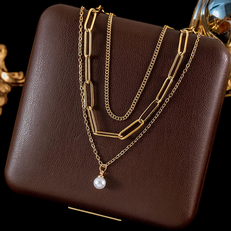 Ganemly Elegant 316L Stainless Steel Double Layer Pearl Necklace for Women 18K Gold Plated Waterproof Fashion Jewelry