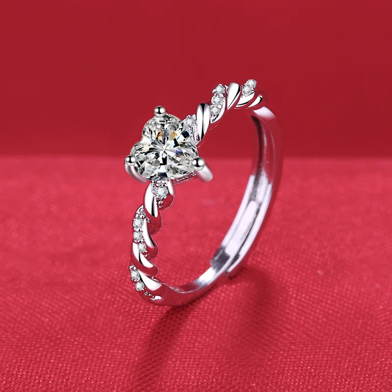 Elegant 925 Sterling Silver Heart Zircon Adjustable Ring for Women