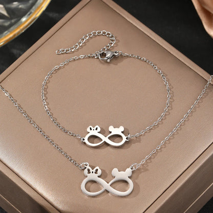 Stainless Steel Mickey Ears Pendant Necklace Set for Women Fashion Jewelry Perfect for Birthdays and Banquets