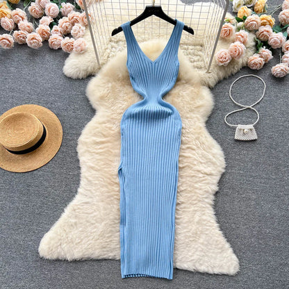 YuooMuoo Chic Fashion Sexy Wrap Hips Split Knitted Dress Blue One Size