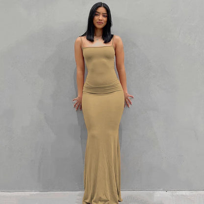 2024 Summer Dresses For Women Sexy Black Spaghetti Strap Maxi Khaki-Sleeveless