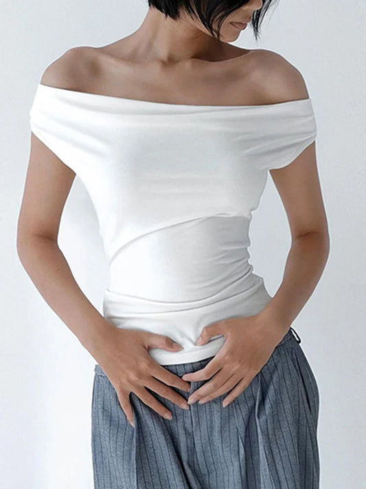 Women Summer Off Shoulder Crop Top Boat Neck Backless Slim