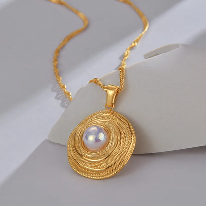 Letdiffery Vintage Golden Pearl Pendant Jewelry Set with Stainless Steel Geometric Round Earrings Necklace and Ring for Women