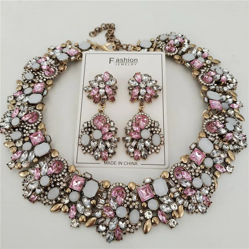 Indian Ethnic Crystal Rhinestone Necklace Earrings Set for Bridal 2024 Pink Sets