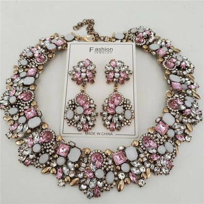 Indian Ethnic Crystal Rhinestone Necklace Earrings Set for Bridal 2024 Pink Sets
