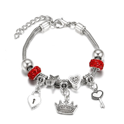 Elegant Heart Lock Charm Beaded Bangle Adjustable Snake Chain Bracelet for Women