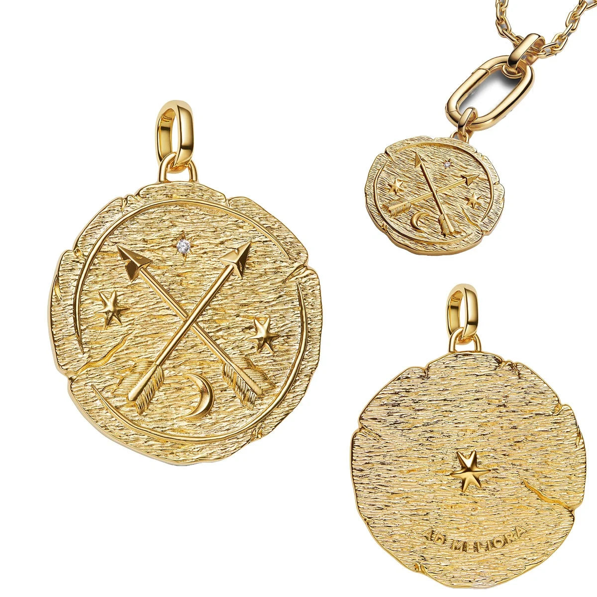 925 Sterling Silver Golden Round Charms with Horse Lion Castle Beads for DIY Womens Jewelry Gift