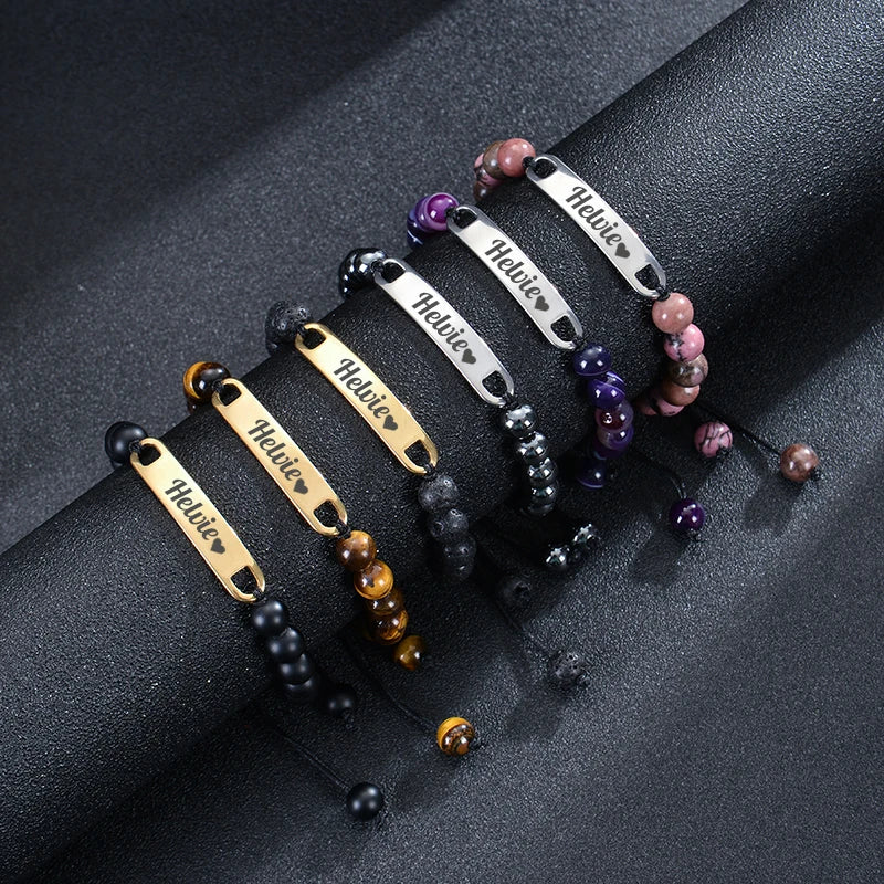 Personalized Custom Name ID Bracelet Handmade Natural Stone Braided Unisex Gift