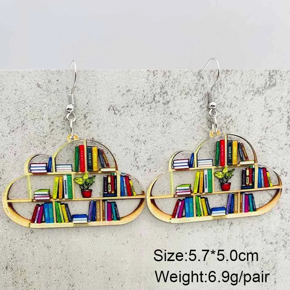 Cat Bookcase Dangle Earrings for Women Geometric Acrylic Rabbit Love Jewelry Gift for Teachers and Readers