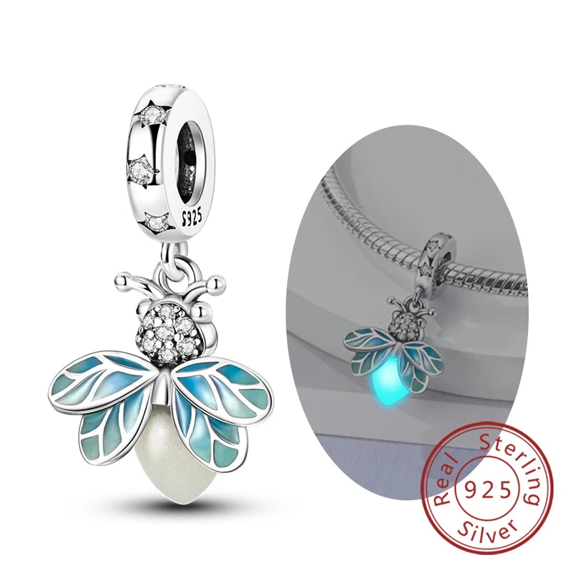Glowing Firefly Butterfly Charm Bead 925 Sterling Silver Pendant for Bracelets KTC930