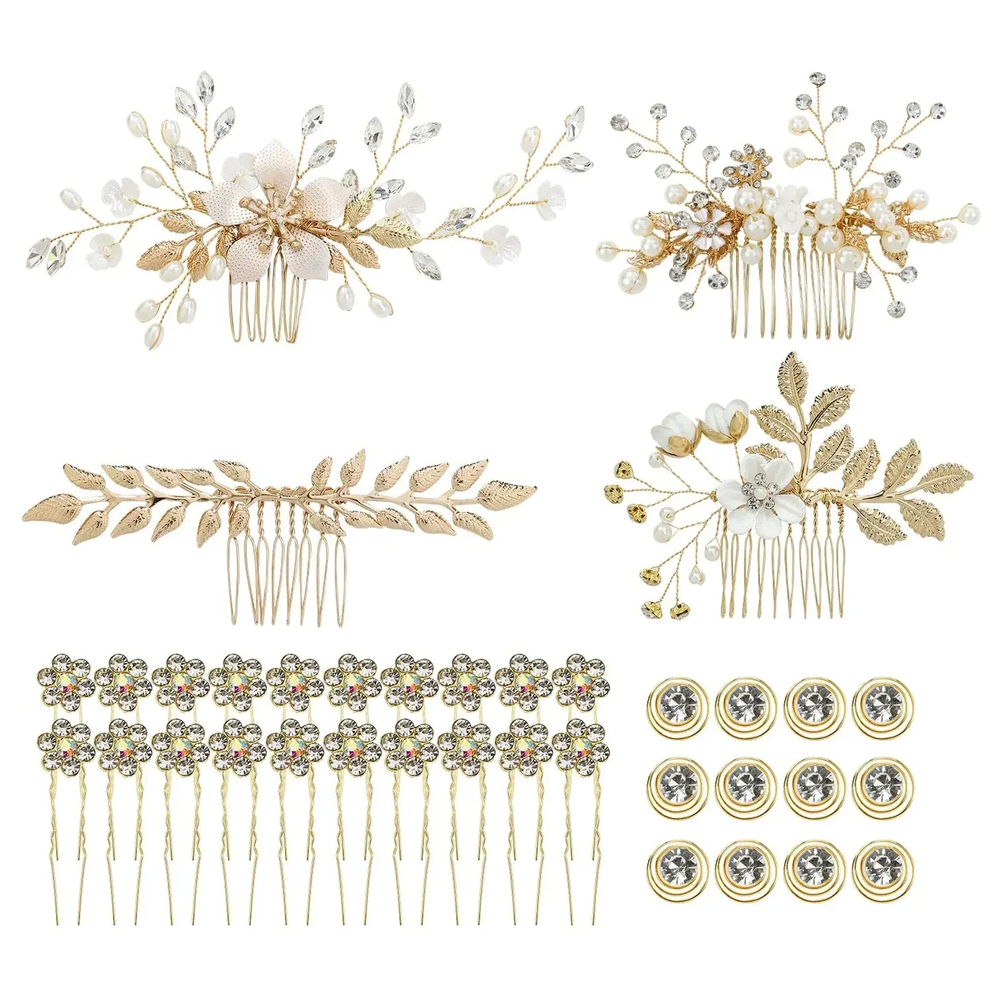Gold Leaf Bridal Hair Accessory Set - 36 Pack of Pearl Combs, Rhinestone Pins, and Spiral Clips