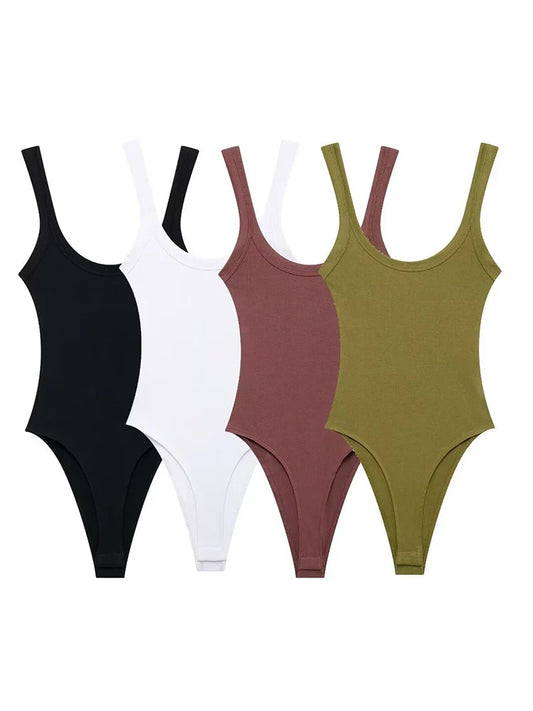 Skinny Ribbed Bodysuits for Women O Neck Straps Snap Button