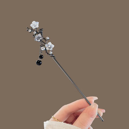 Elegant Ink Flower Tassel Hairpin Forks for Women - Modern Hanfu Hair Jewelry with Black Beads Fringe