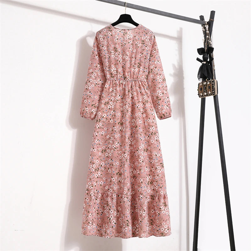Spring Summer Women Maxi Dresses Casual Full Sleeve Floral