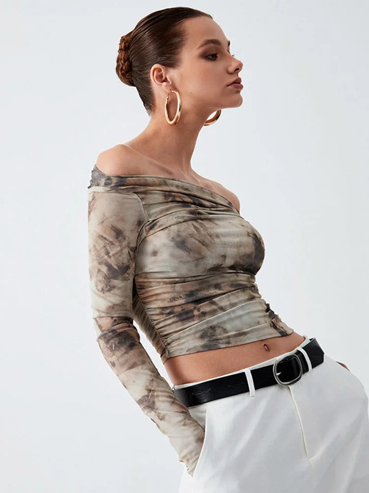 2024 Spring Mesh Backless Slash Collar Long Sleeve Top