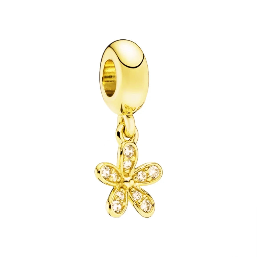 Gold Plated Pink Daisy And Clear Heart Charm Bead 925